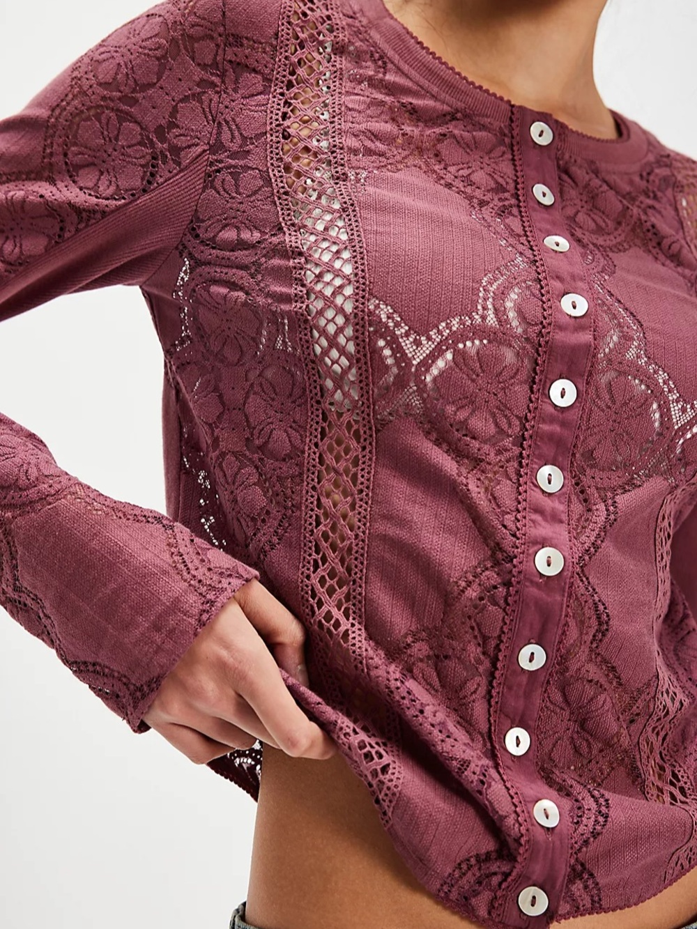 RARE NWT Free People Jae Sheer Lace Knit Top Crushed Berry Long Sleeve Bohemian